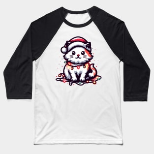 Cute Christmas Cat Santa Hat Christmas Lights Adorable Baseball T-Shirt